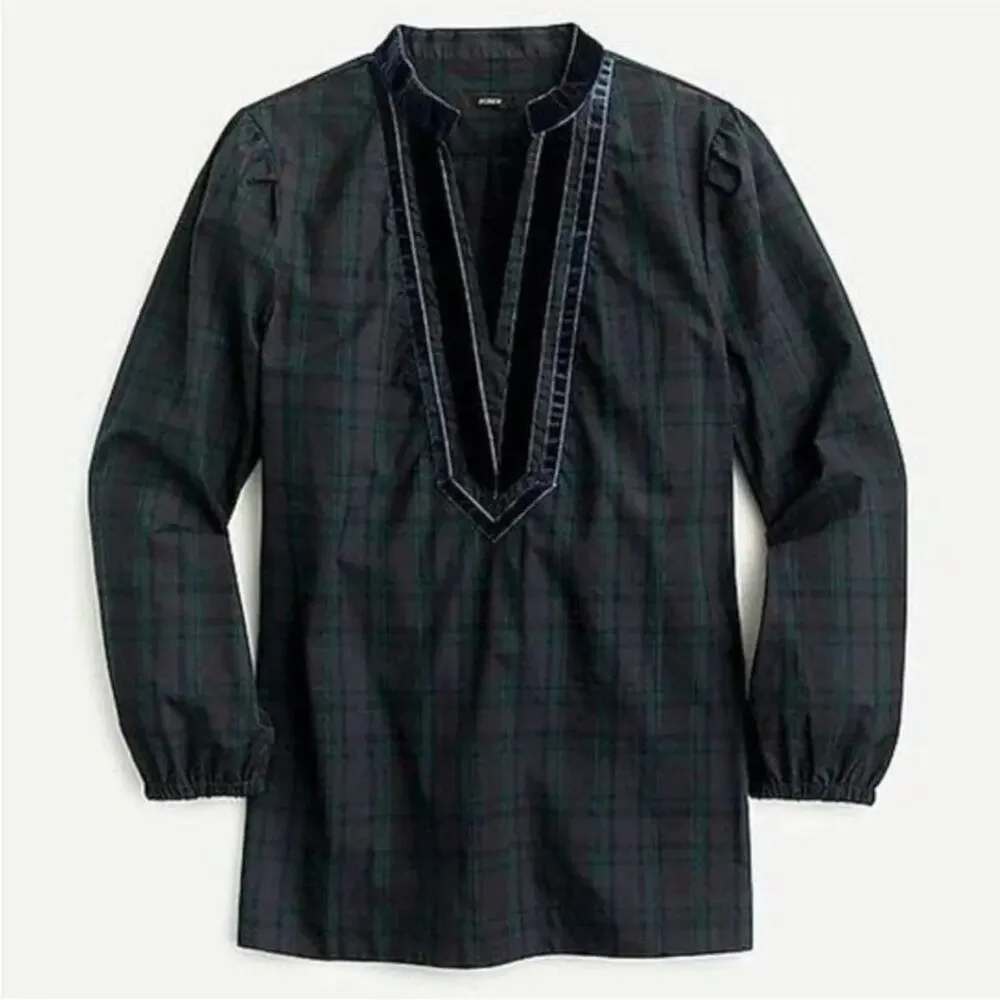 J.Crew Velvet Trimmed V-Neck Tunic in Black Watch Tartan Print Size XXS